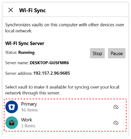 Available vaults for Wi-Fi Sync