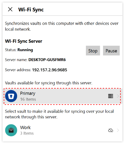 Select vault to Wi-Fi Sync