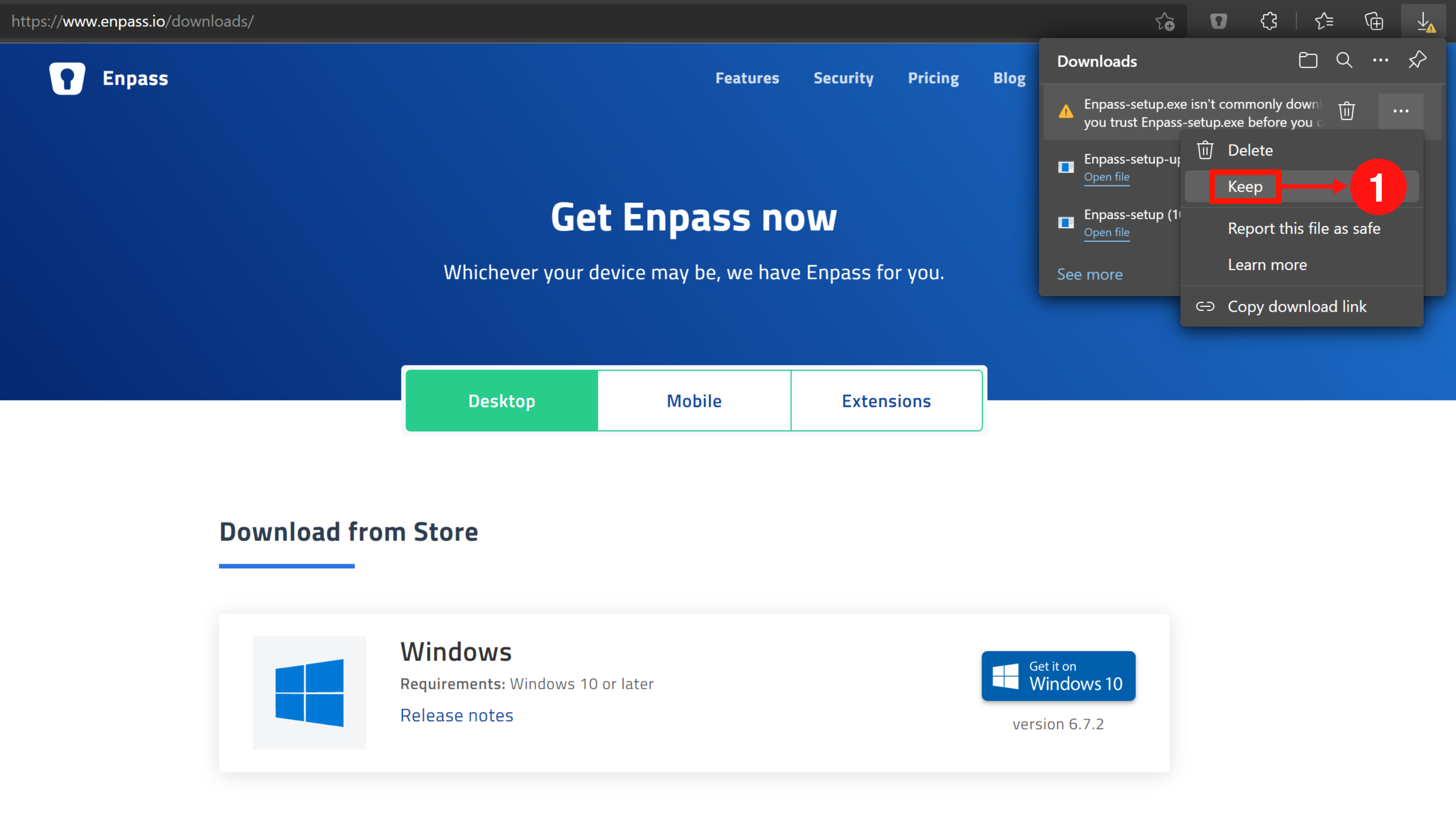 Why am I seeing a Windows Security/Risk Popup while downloading Enpass